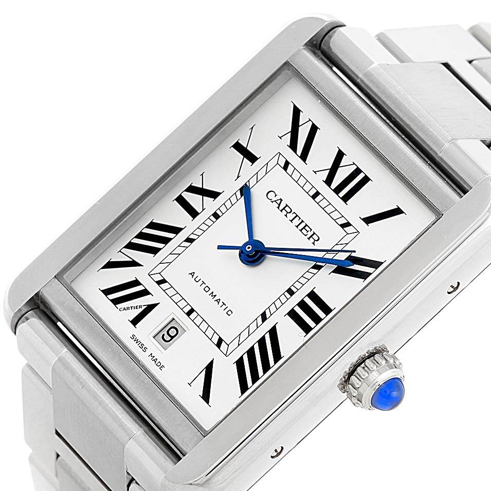 The image shows the front angle of the Cartier Tank Solo W5200028 Men
s Stainless Steel Silver Dial W5200028 Men
s Stainless Steel Silver Dial watch, highlighting the dial, Roman numerals, and crown.