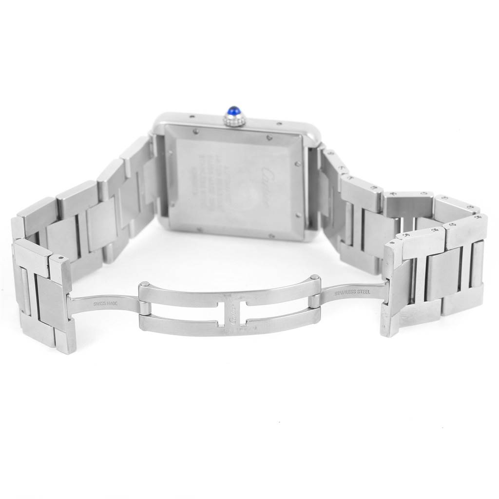 The image shows the back and unfolded bracelet of the Cartier Tank Solo W5200028 Men
s Stainless Steel Silver Dial W5200028 Men
s Stainless Steel Silver Dial watch, highlighting the stainless steel links and clasp.