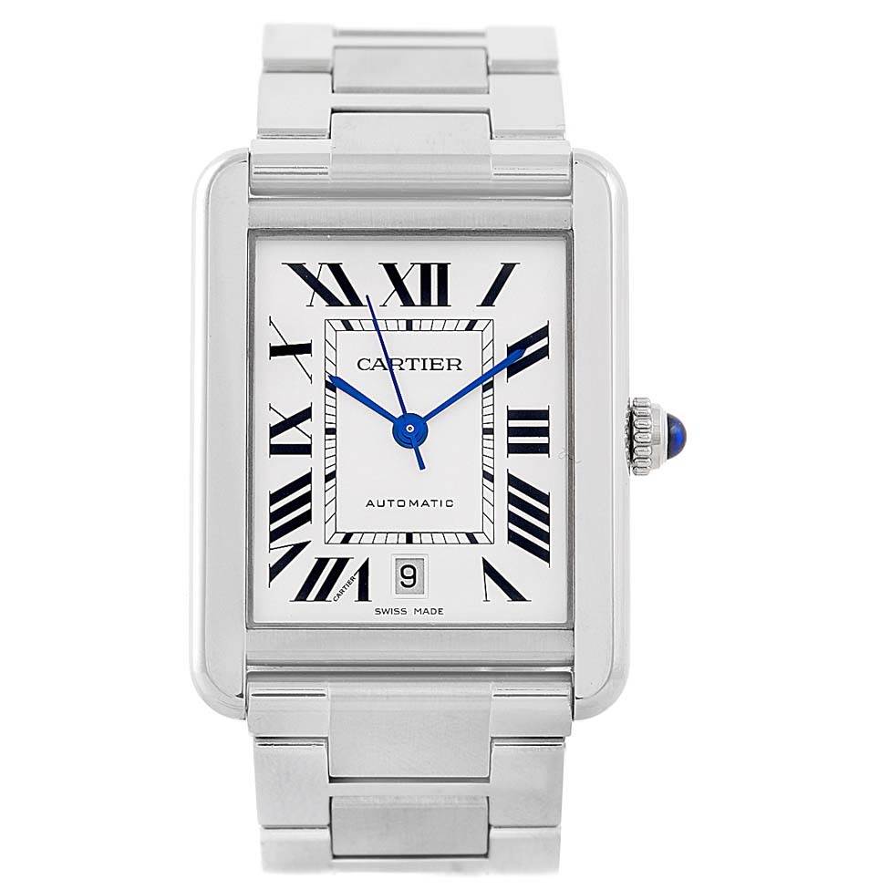 The image shows a Cartier Tank Solo W5200028 Men
s Stainless Steel Silver Dial W5200028 Men
s Stainless Steel Silver Dial watch from a front angle, highlighting the bracelet, dial, crown, and date window.