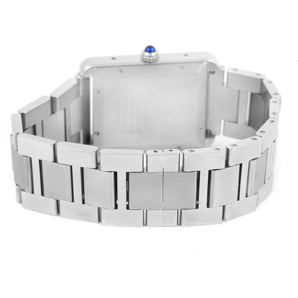 This image shows the back view of a Cartier Tank Solo W5200028 Men
s Stainless Steel Silver Dial W5200028 Men
s Stainless Steel Silver Dial watch, featuring its stainless steel bracelet and caseback.