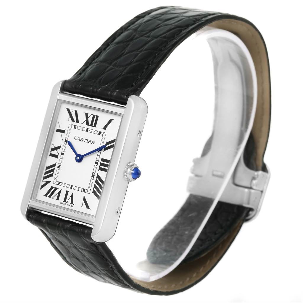 The image shows a Cartier Tank Solo W1018355 Stainless Steel Silver Dial W1018355 Stainless Steel Silver Dial watch angled from the left side, displaying its rectangular face, leather strap, and clasp.