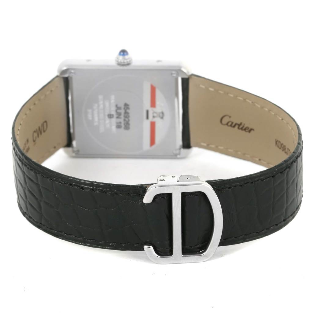 The image shows the back view of a Cartier Tank Solo W1018355 Stainless Steel Silver Dial W1018355 Stainless Steel Silver Dial watch, highlighting the strap and buckle.