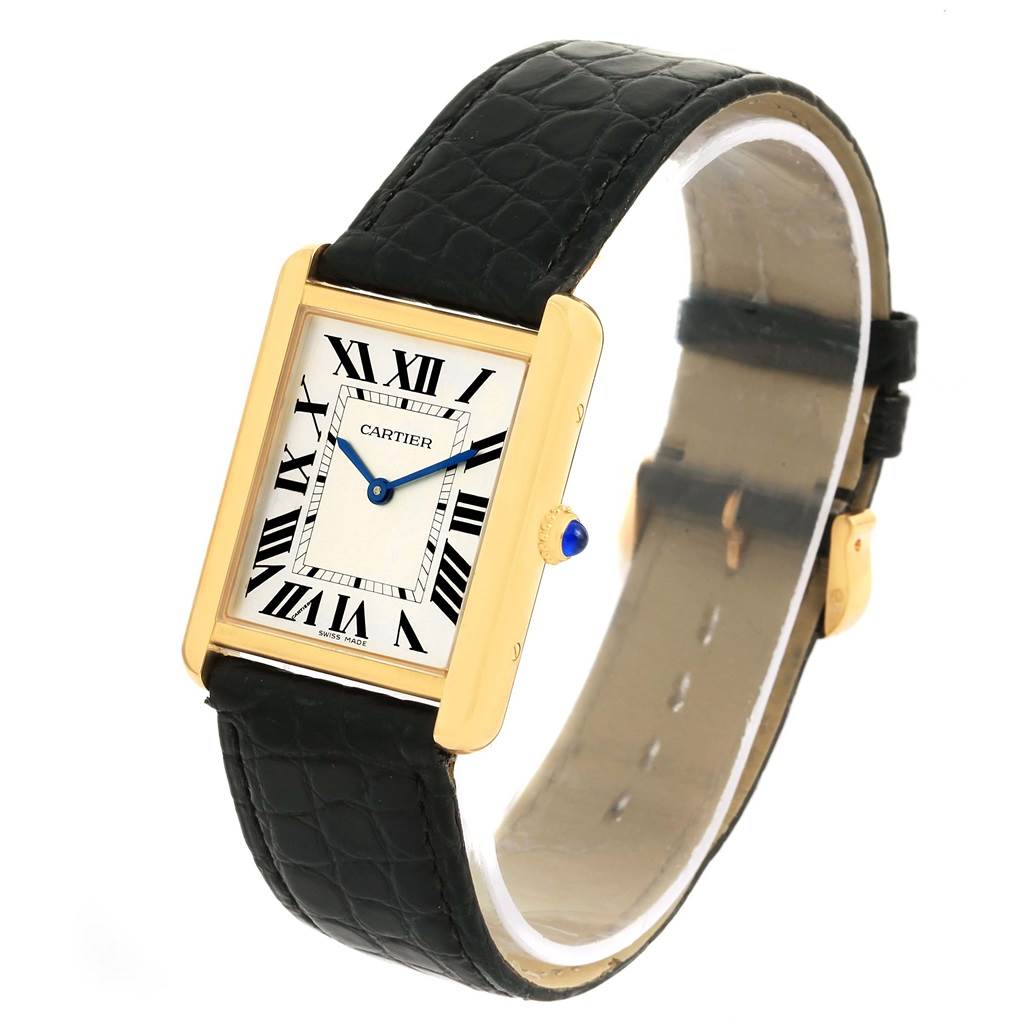 The image shows a Cartier Tank Solo W1018855 Men
s Steel and Gold (two tone) Silver Dial W1018855 Men
s Steel and Gold (two tone) Silver Dial watch at a slight angle, displaying its rectangular face and black leather strap.
