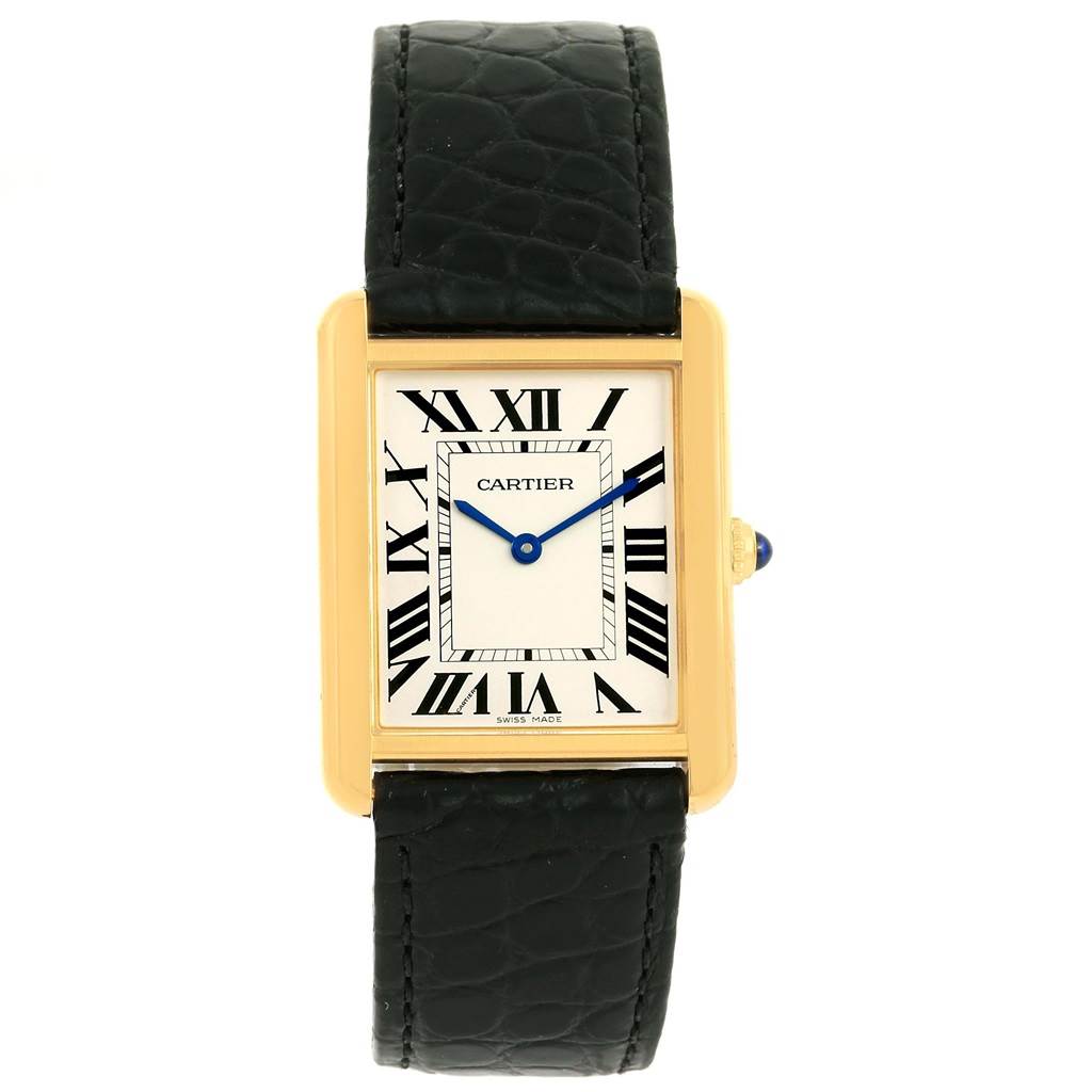 The image shows a Cartier Tank Solo W1018855 Men
s Steel and Gold (two tone) Silver Dial W1018855 Men
s Steel and Gold (two tone) Silver Dial watch from a top-down angle, highlighting the face, bezel, crown, and leather strap.