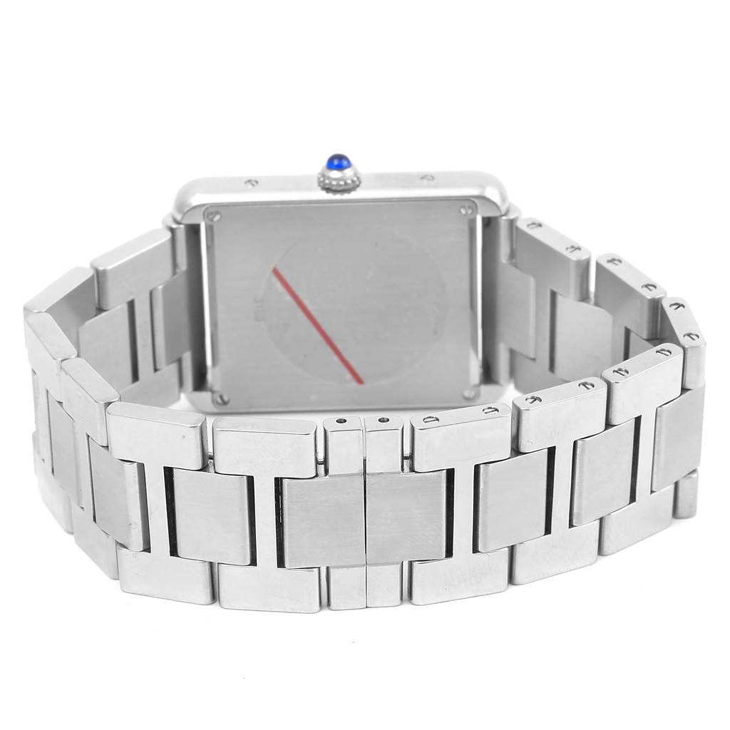 This image shows the back view of the Cartier Tank Solo W5200014 Men
s Stainless Steel Silver Dial W5200014 Men
s Stainless Steel Silver Dial watch, focusing on the case and bracelet.