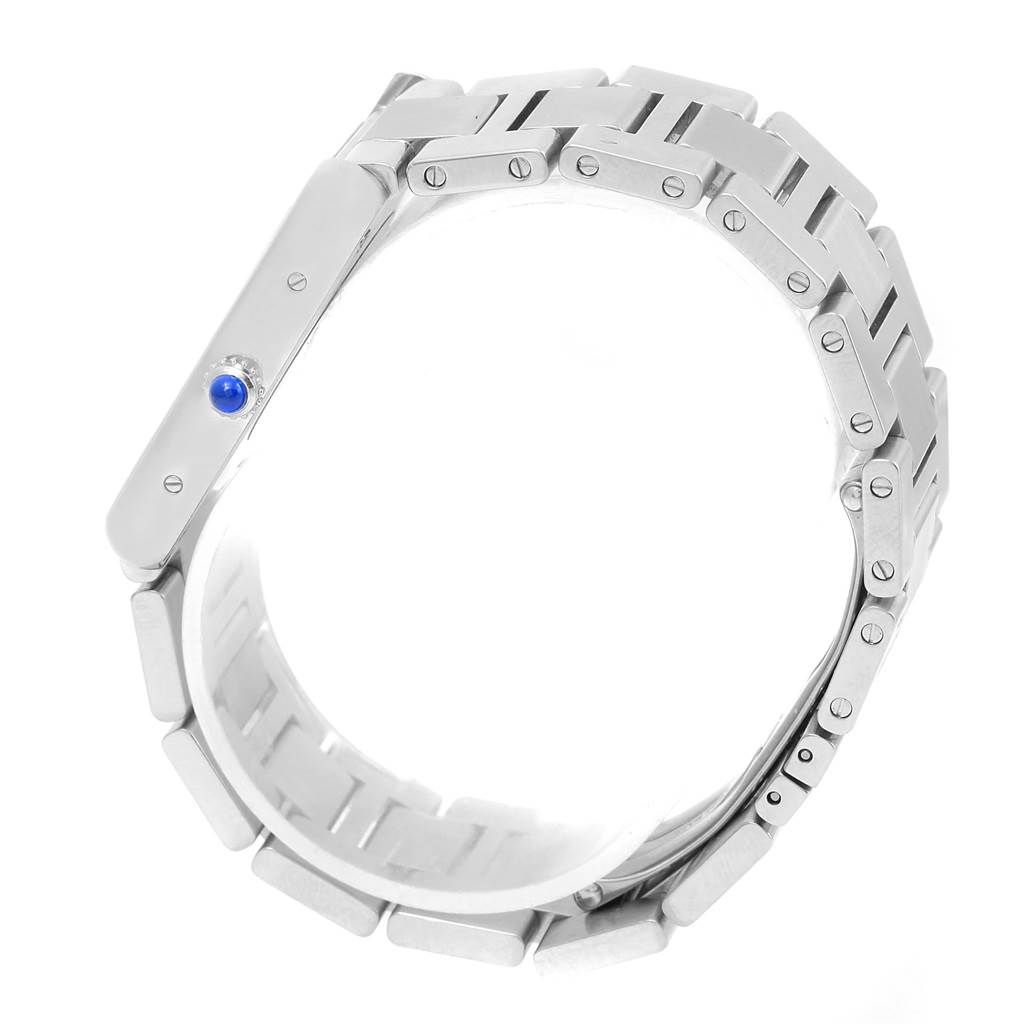 The image shows the side view of a Cartier Tank Solo W5200014 Men
s Stainless Steel Silver Dial W5200014 Men
s Stainless Steel Silver Dial watch, highlighting the metal bracelet and the blue cabochon crown.