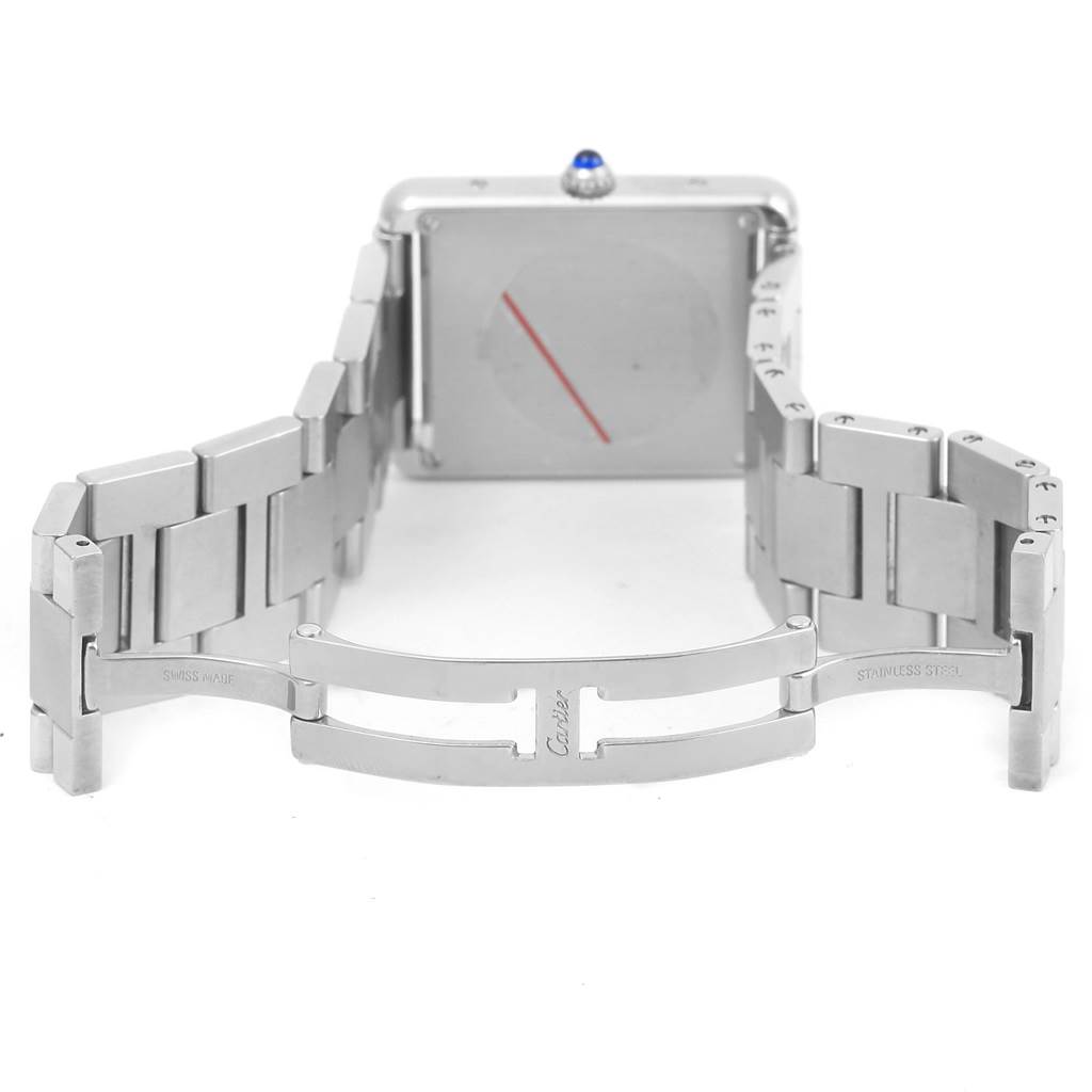 The image shows a back view of a Cartier Tank Solo W5200014 Men
s Stainless Steel Silver Dial W5200014 Men
s Stainless Steel Silver Dial watch with an open stainless steel bracelet.