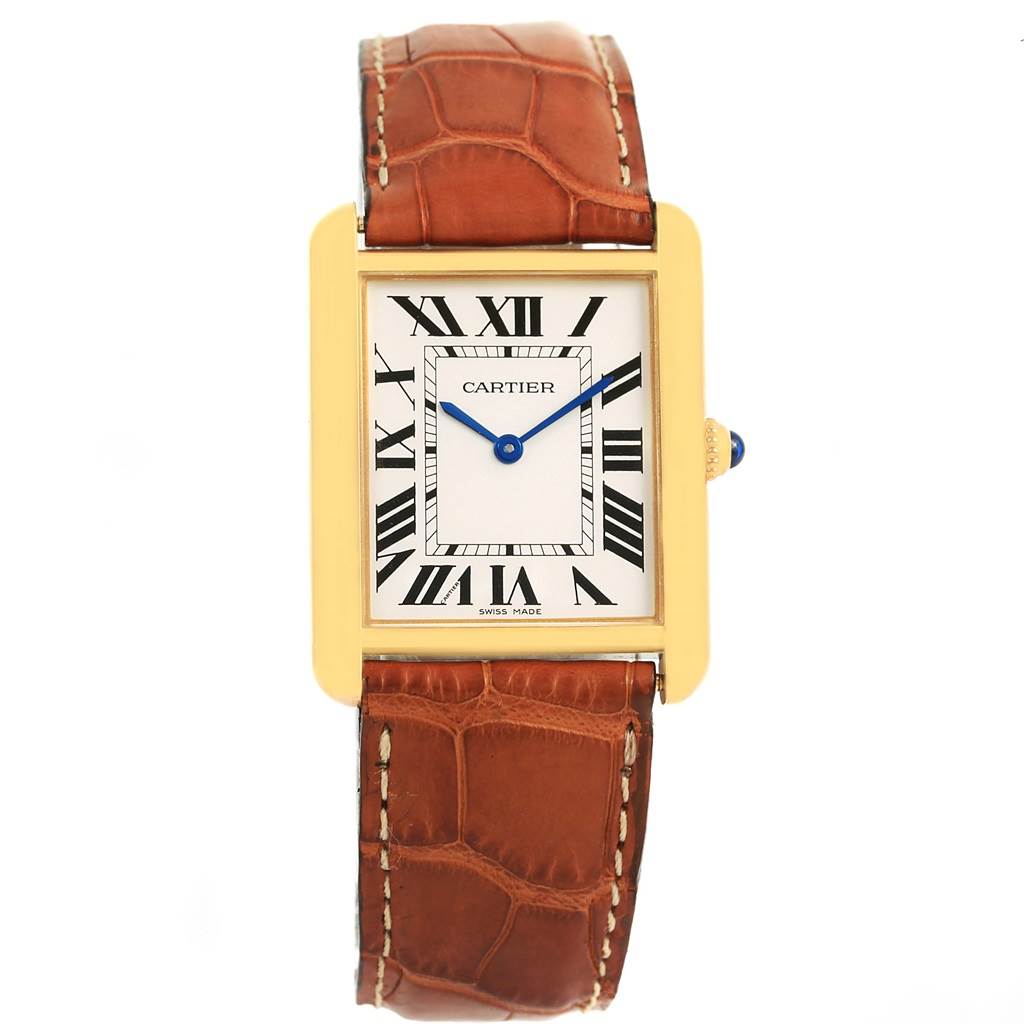 The image shows a front view of a Cartier Tank Solo W1018855 Men
s Steel and Gold (two tone) Silver Dial W1018855 Men
s Steel and Gold (two tone) Silver Dial watch with a rectangular face and a brown leather strap.