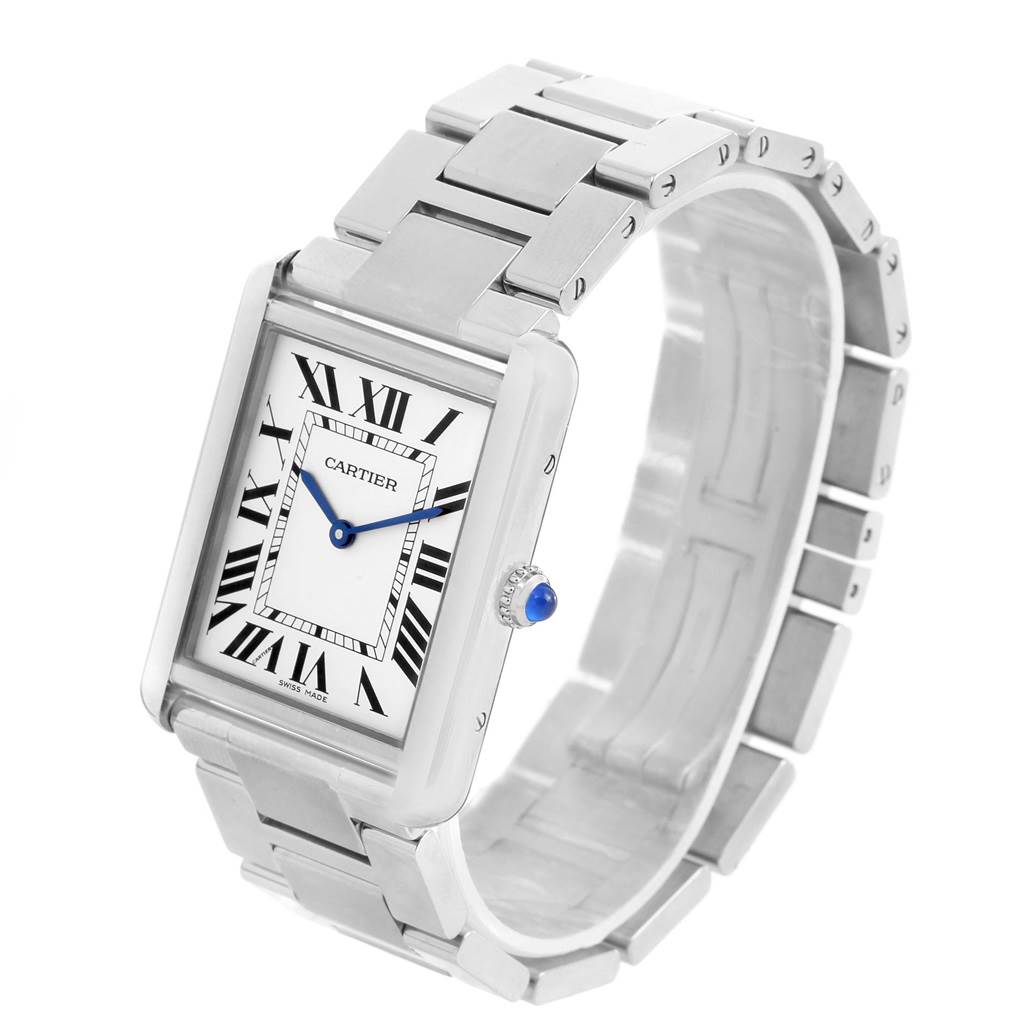 The image shows a Cartier Tank Solo W5200014 Men
s Stainless Steel Silver Dial W5200014 Men
s Stainless Steel Silver Dial watch at a three-quarter angle, highlighting its face, bracelet, and crown.