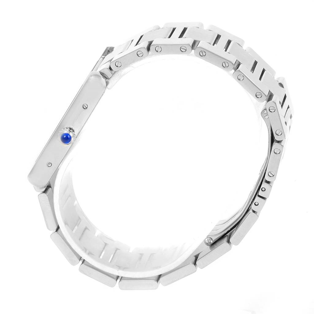 The image shows a side view of the Cartier Tank Solo W5200014 Men
s Stainless Steel Silver Dial W5200014 Men
s Stainless Steel Silver Dial watch, highlighting its bracelet and crown.