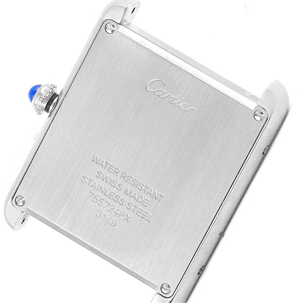 This image shows the back case of a Cartier Tank Solo W5200014 Men
s Stainless Steel Silver Dial W5200014 Men
s Stainless Steel Silver Dial watch, highlighting the inscriptions and crown.