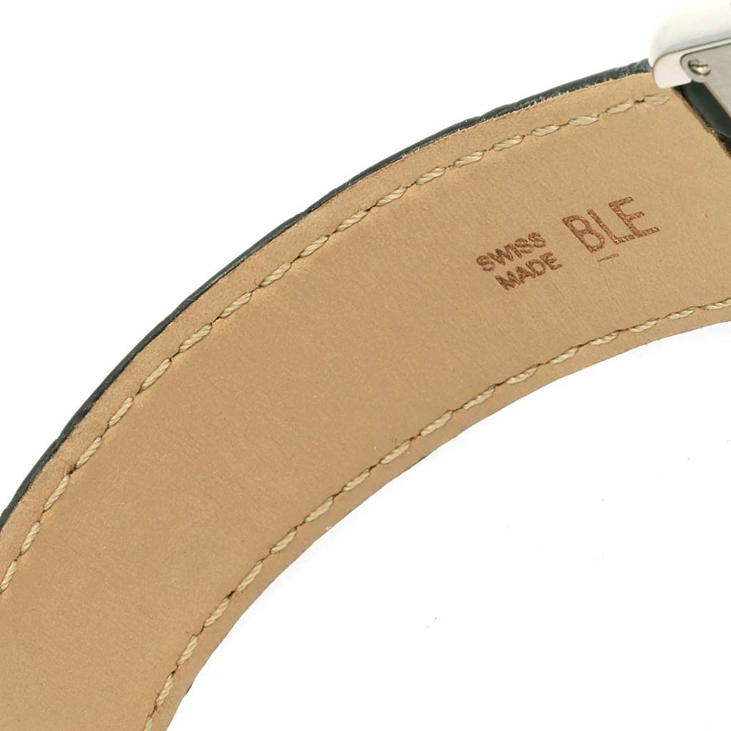 This image shows the underside of the strap of a Cartier Tank Solo W1018355 Men
s Stainless Steel Silver Dial W1018355 Men
s Stainless Steel Silver Dial watch, highlighting the stitching and "Swiss Made" marking.