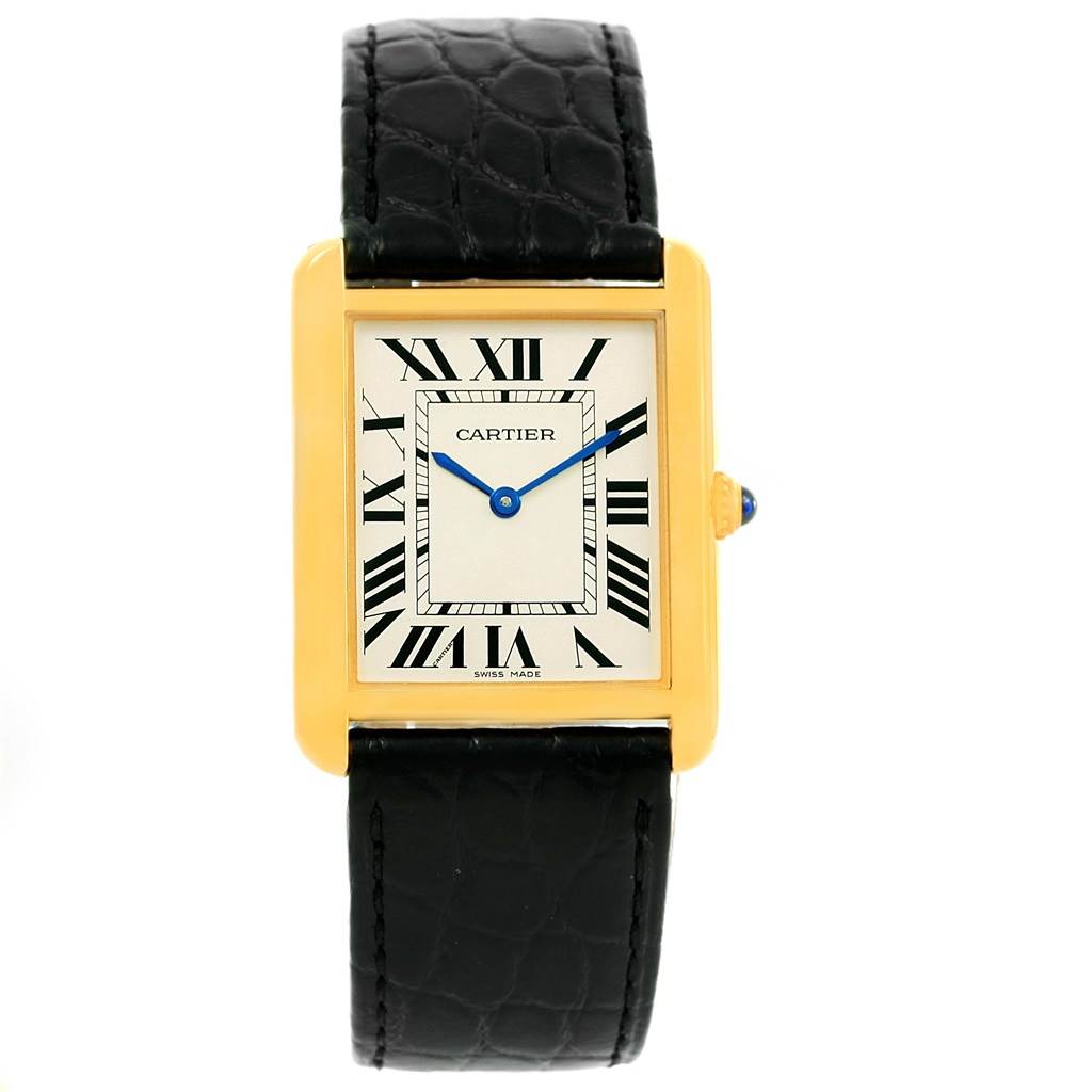 The image shows a front view of the Cartier Tank Solo W1018855 Steel and Gold (two tone) Silver Dial W1018855 Steel and Gold (two tone) Silver Dial watch, displaying its rectangular dial, Roman numerals, and black leather strap.
