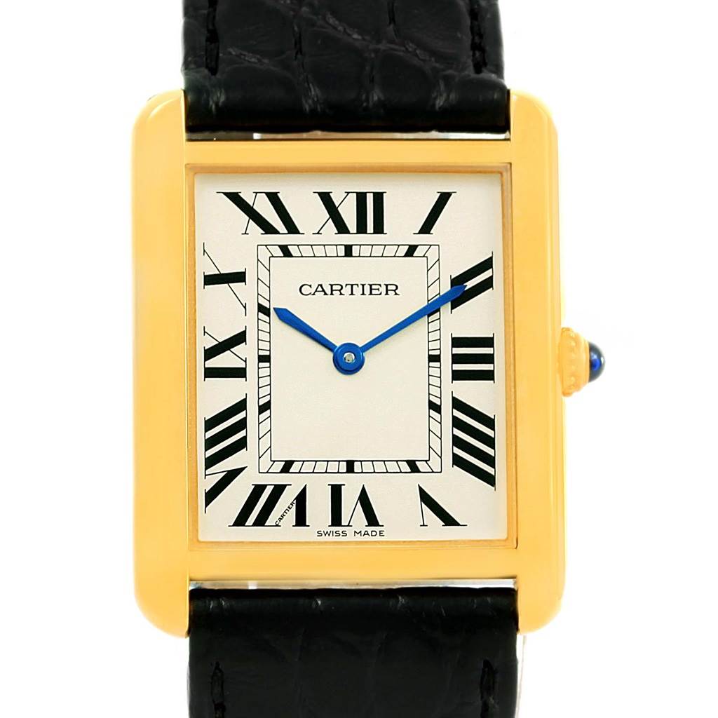 This image shows a straight-on view of the Cartier Tank Solo W1018855 Steel and Gold (two tone) Silver Dial W1018855 Steel and Gold (two tone) Silver Dial watch, featuring its rectangular face, Roman numerals, and black strap.