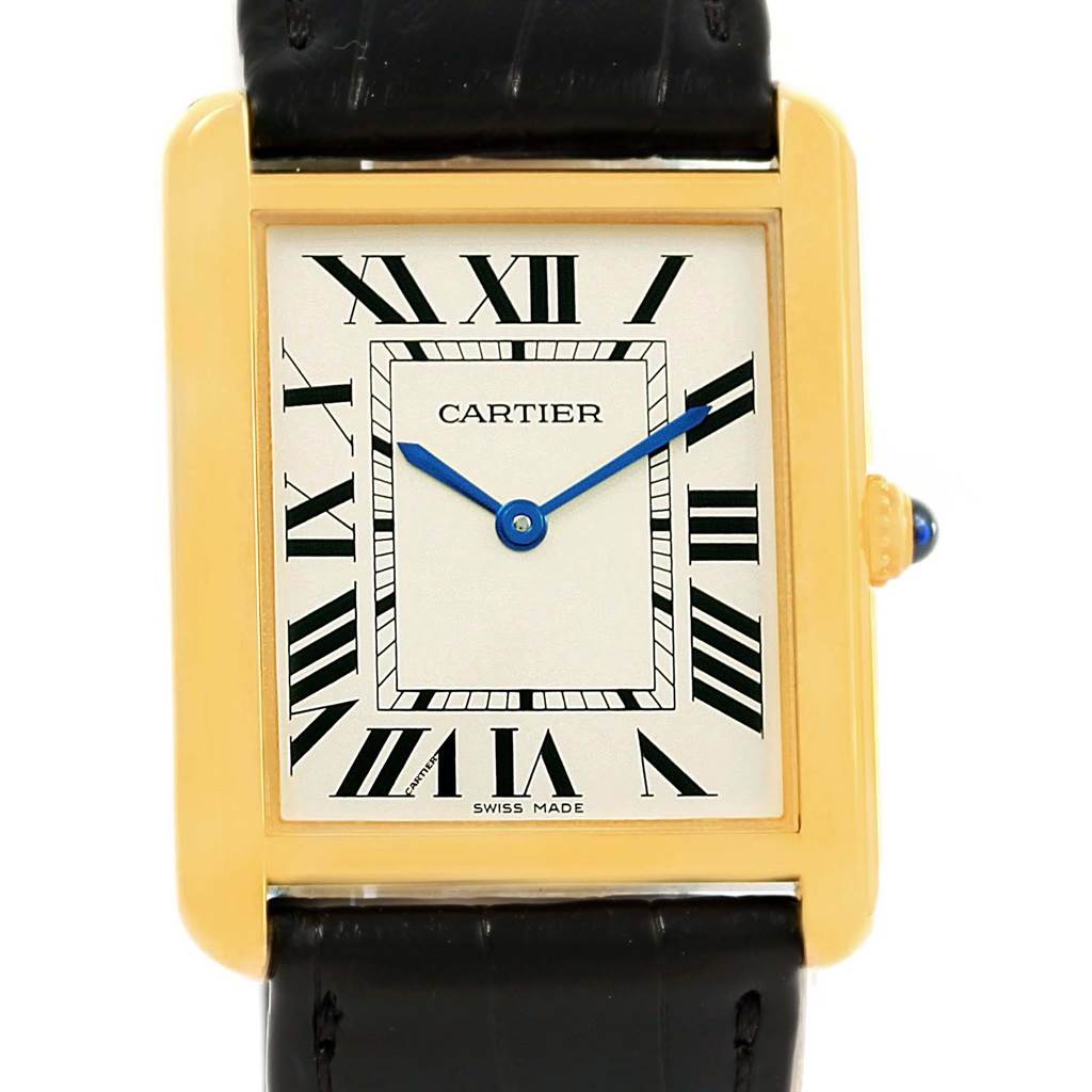 This image shows the front view of a Cartier Tank Solo W1018855 Steel and Gold (two tone) Silver Dial W1018855 Steel and Gold (two tone) Silver Dial watch, highlighting its dial, hands, and part of the strap.