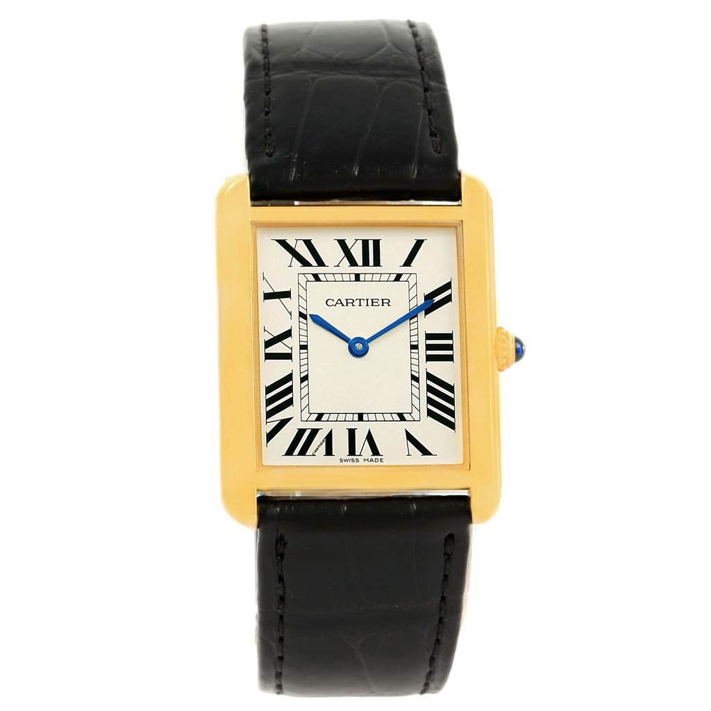 The Cartier Tank Solo W1018855 Steel and Gold (two tone) Silver Dial W1018855 Steel and Gold (two tone) Silver Dial watch is shown from the front, highlighting its face, black leather strap, and gold rectangular case.