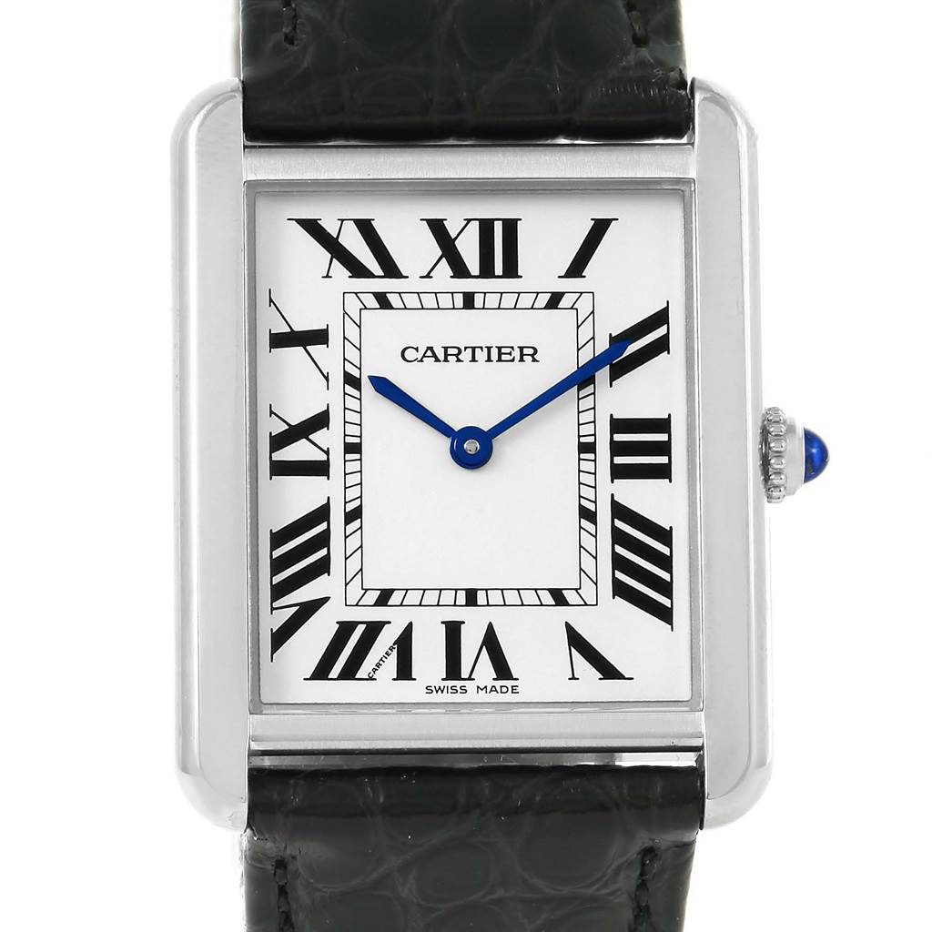 This image shows a front view of the Cartier Tank Solo W1018355 Stainless Steel Silver Dial W1018355 Stainless Steel Silver Dial watch, including the dial, Roman numeral markers, and crown with a blue cabochon.