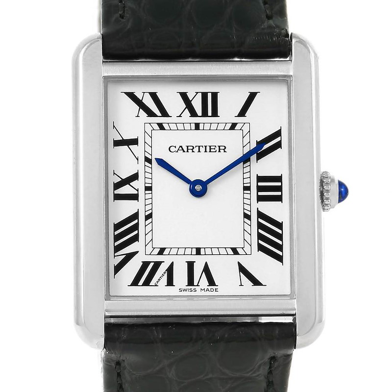 Cartier Tank Solo Large Steel Silver Dial Black Strap Watch W1018355 SwissWatchExpo