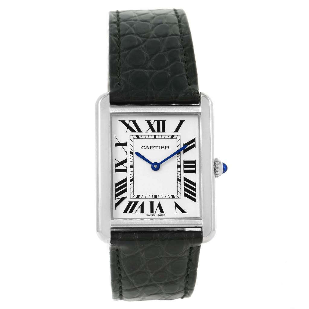 The Cartier Tank Solo W1018355 Stainless Steel Silver Dial W1018355 Stainless Steel Silver Dial watch is shown from a frontal angle, displaying the face, strap, and crown.