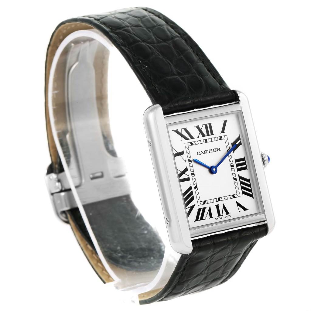 This image features a Cartier Tank Solo W1018355 Stainless Steel Silver Dial W1018355 Stainless Steel Silver Dial watch at an angle displaying its face, black leather strap, and rectangular stainless-steel case.