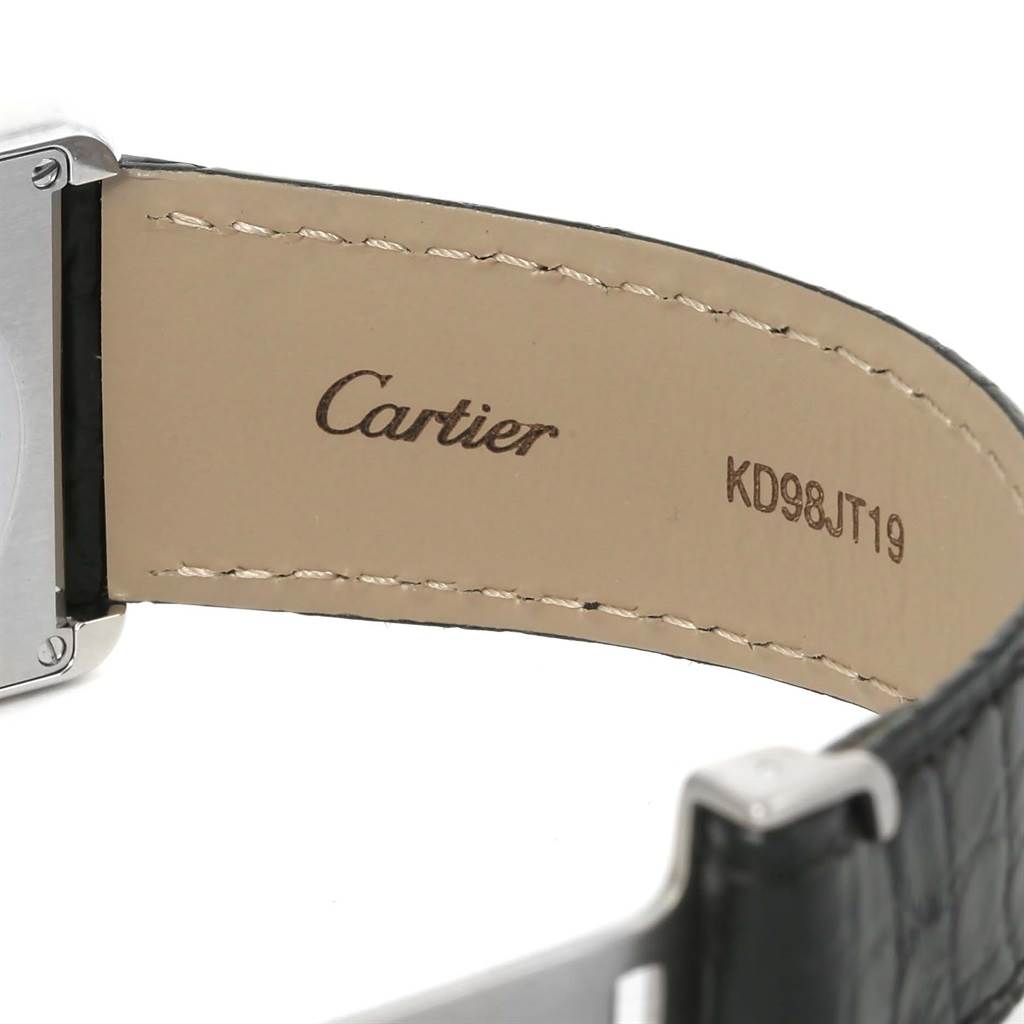 The image shows the inner leather strap of a Cartier Tank Solo W1018355 Stainless Steel Silver Dial W1018355 Stainless Steel Silver Dial watch, including part of the buckle and case back.