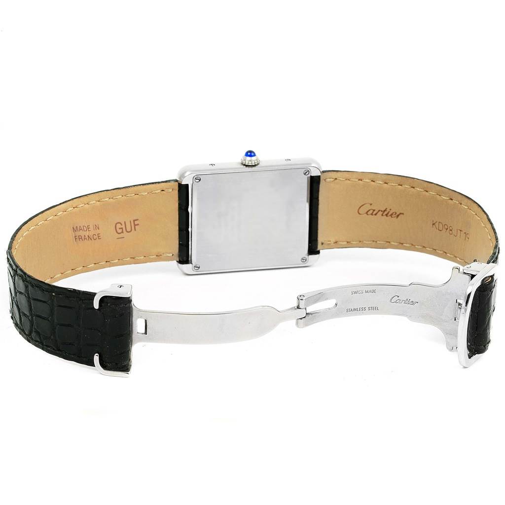 The image shows the back and inside of the strap of a Cartier Tank Solo W1018355 Men
s Stainless Steel Silver Dial W1018355 Men
s Stainless Steel Silver Dial watch, displaying the clasp and case back.