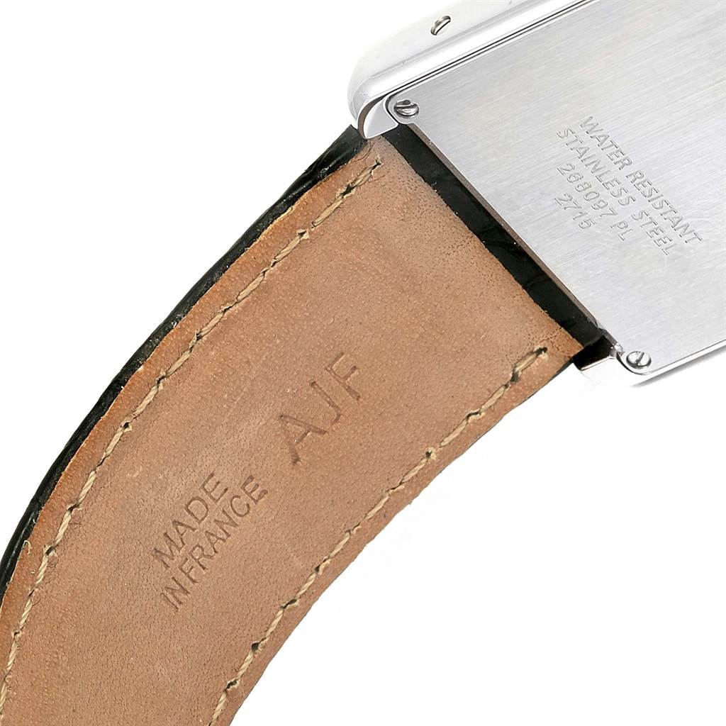 The image shows the back of the Cartier Tank Solo W1018355 Stainless Steel Silver Dial W1018355 Stainless Steel Silver Dial watch, focusing on the case back and leather strap with stitching.