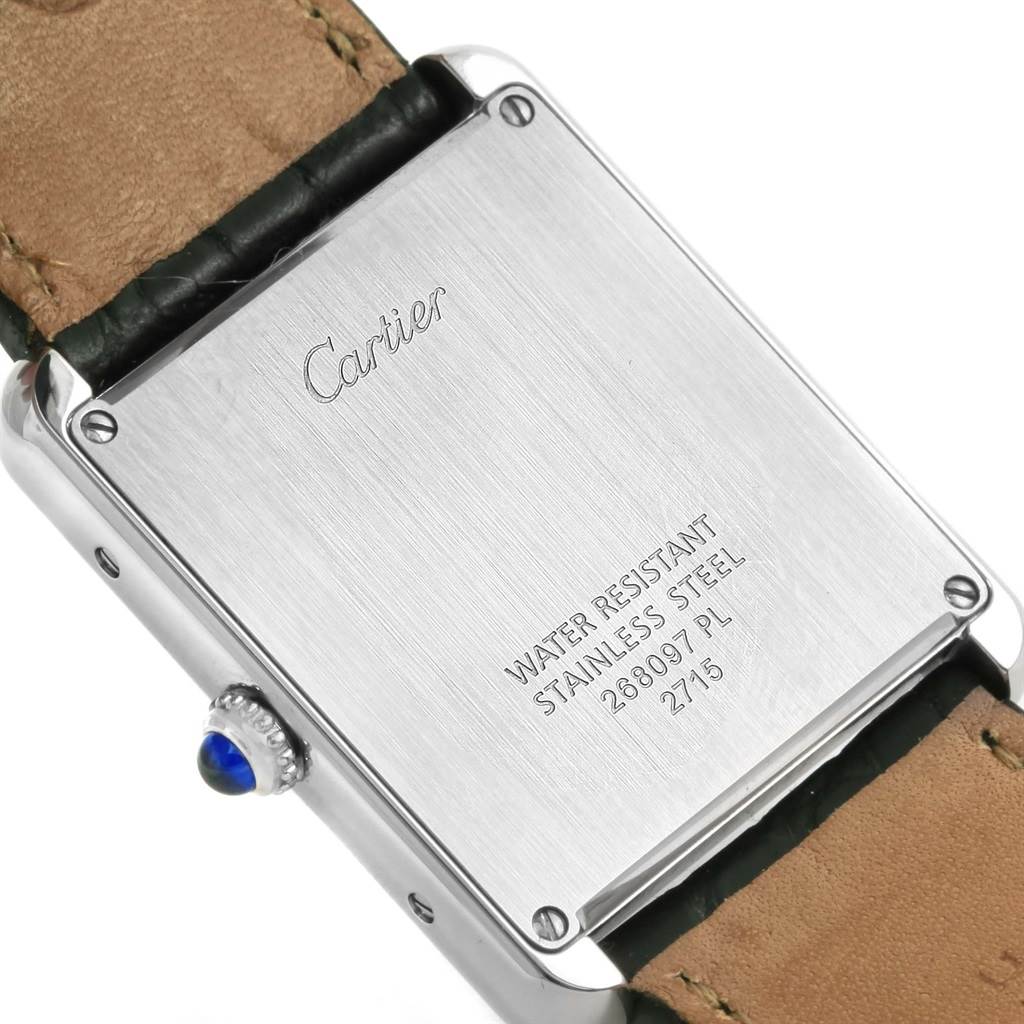 The image shows the back casing and part of the strap of the Cartier Tank Solo W1018355 Stainless Steel Silver Dial W1018355 Stainless Steel Silver Dial watch, highlighting its water resistance and stainless steel details.