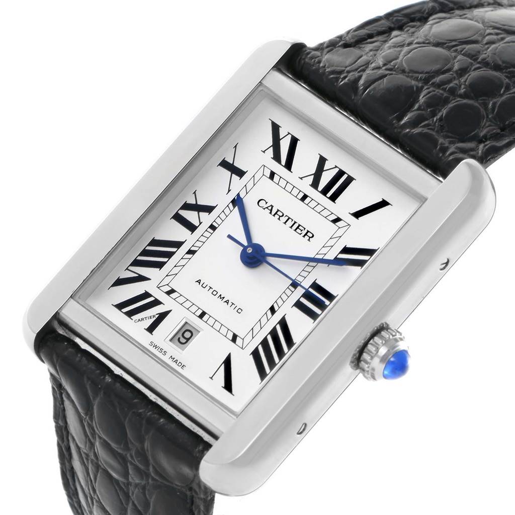 The image shows a Cartier Tank Solo W5200027 Men
s Stainless Steel Silver Dial W5200027 Men
s Stainless Steel Silver Dial watch at a slight angle, highlighting the dial, crown, and part of the black leather strap.