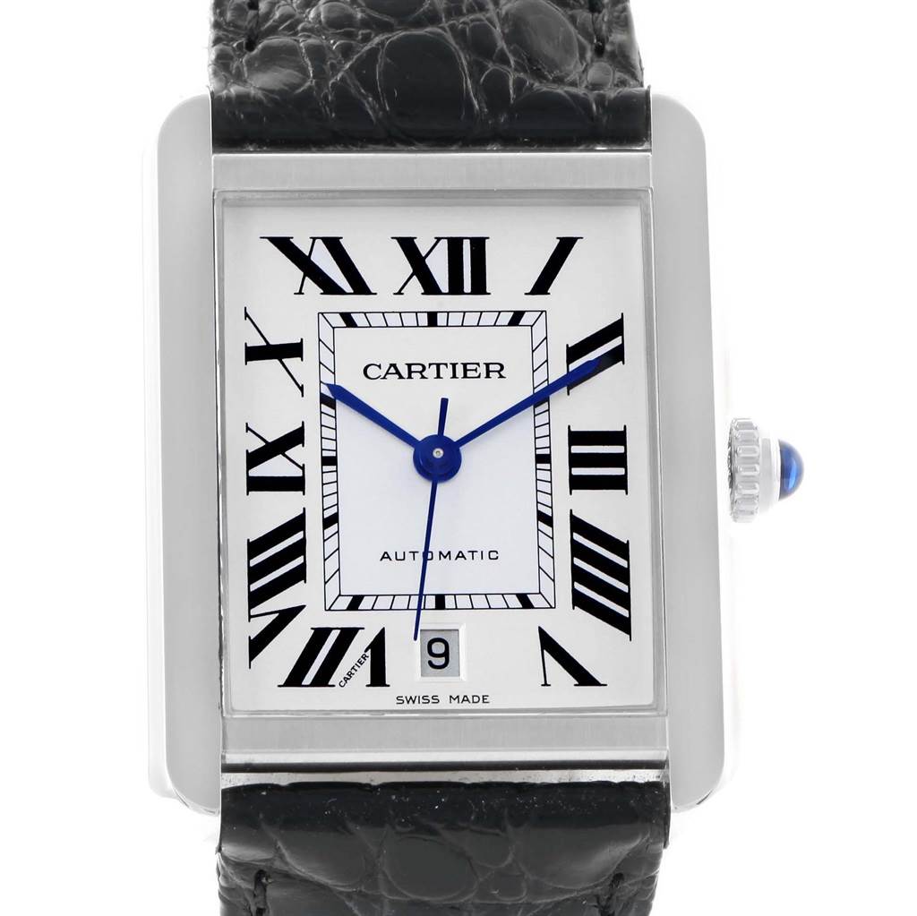 This image shows a front view of the Cartier Tank Solo W5200027 Men
s Stainless Steel Silver Dial W5200027 Men
s Stainless Steel Silver Dial watch, highlighting the face, Roman numerals, and black leather strap.