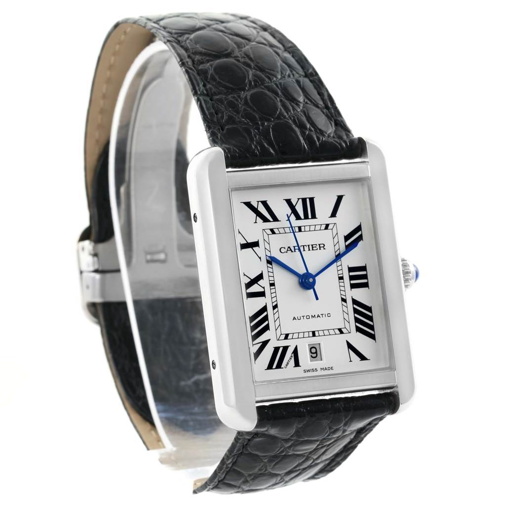 This image shows a Cartier Tank Solo W5200027 Men
s Stainless Steel Silver Dial W5200027 Men
s Stainless Steel Silver Dial watch at a slight angle, displaying its face, leather strap, and crown.