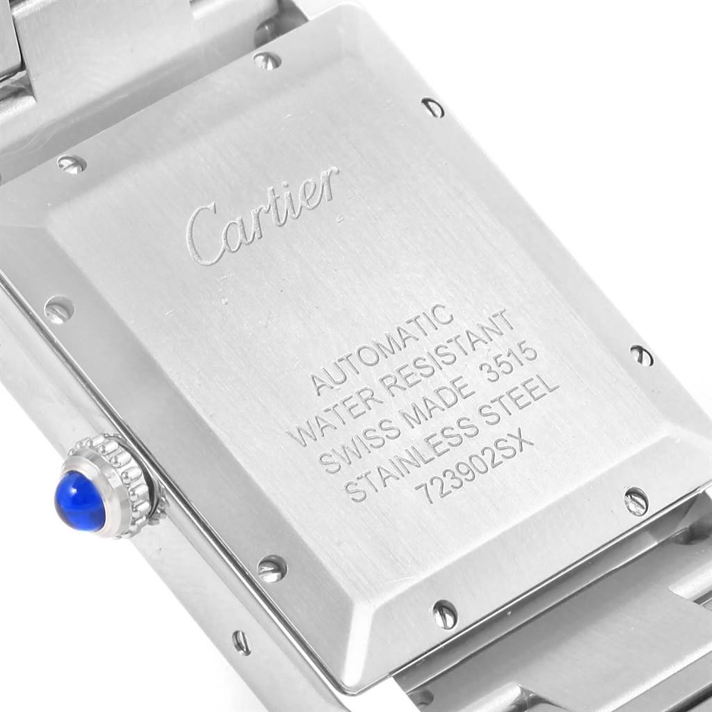 The image shows the back case and crown of the Cartier Tank Solo W5200028 Men
s Stainless Steel Silver Dial W5200028 Men
s Stainless Steel Silver Dial watch.