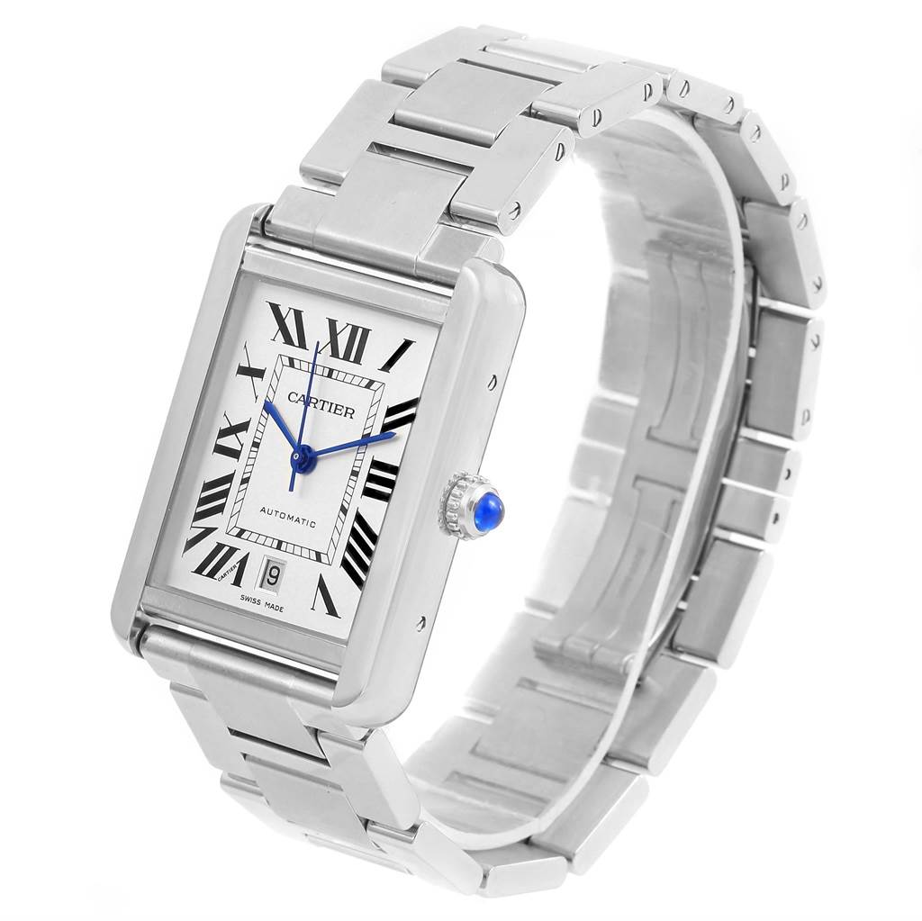 The Cartier Tank Solo W5200028 Men
s Stainless Steel Silver Dial W5200028 Men
s Stainless Steel Silver Dial watch is shown at an angle displaying its face, band, and side profile.