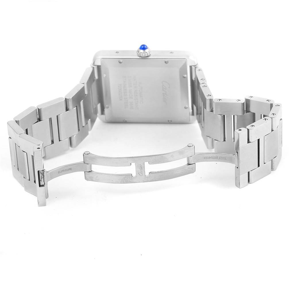 The image shows the back and open clasp of the Cartier Tank Solo W5200028 Men
s Stainless Steel Silver Dial W5200028 Men
s Stainless Steel Silver Dial watch, highlighting its stainless steel bracelet.