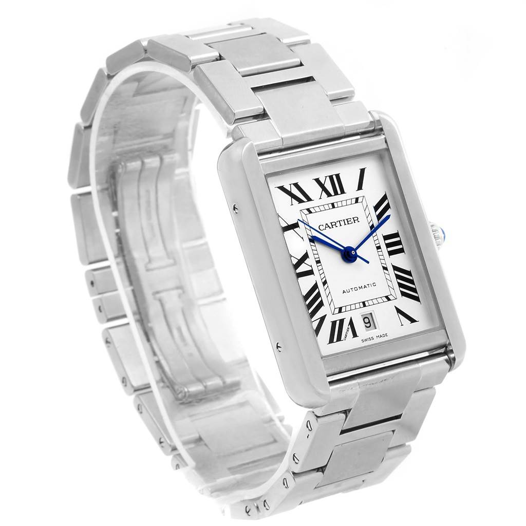 This image displays the Cartier Tank Solo W5200028 Men
s Stainless Steel Silver Dial W5200028 Men
s Stainless Steel Silver Dial model watch at an angled view, showcasing the face, bracelet, and crown.