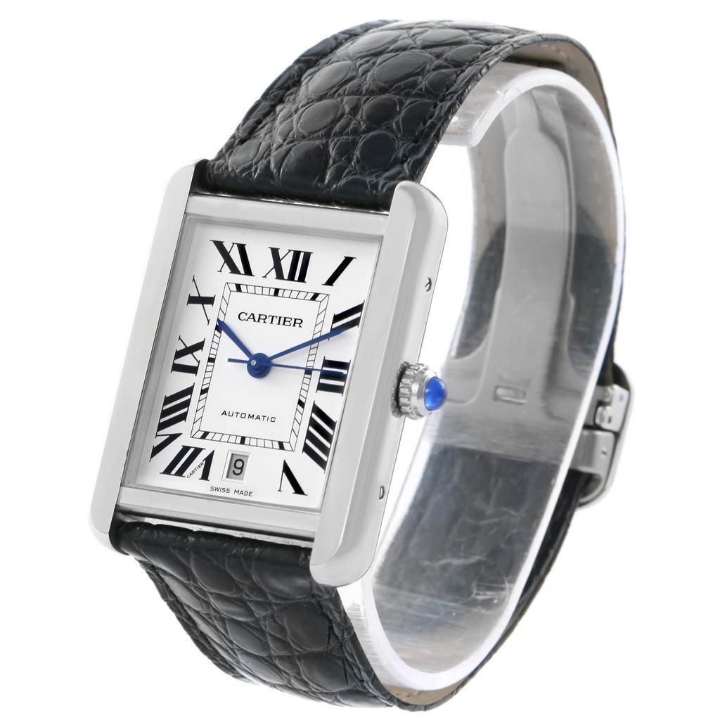 This image shows a Cartier Tank Solo W5200027 Men
s Stainless Steel Silver Dial W5200027 Men
s Stainless Steel Silver Dial watch from an angled front view, highlighting the dial, case, crown, and leather strap.