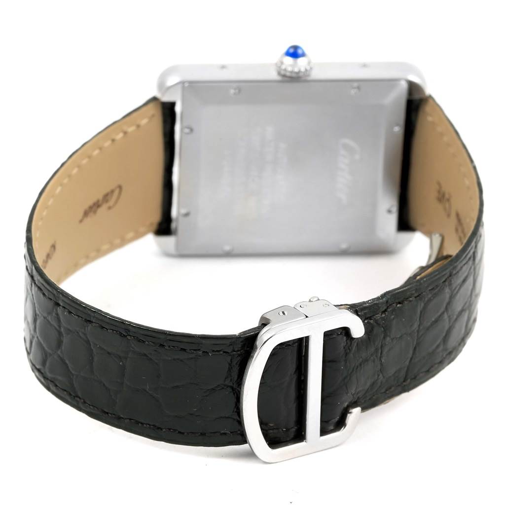 The image shows the back and strap of the Cartier Tank Solo W5200027 Men
s Stainless Steel Silver Dial W5200027 Men
s Stainless Steel Silver Dial watch, highlighting its leather band and clasp.