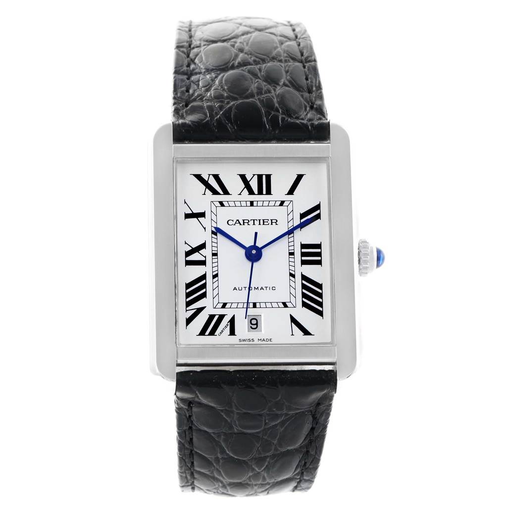 The image shows a Cartier Tank Solo W5200027 Men
s Stainless Steel Silver Dial W5200027 Men
s Stainless Steel Silver Dial watch from a front angle, highlighting its face, Roman numerals, and black leather strap.