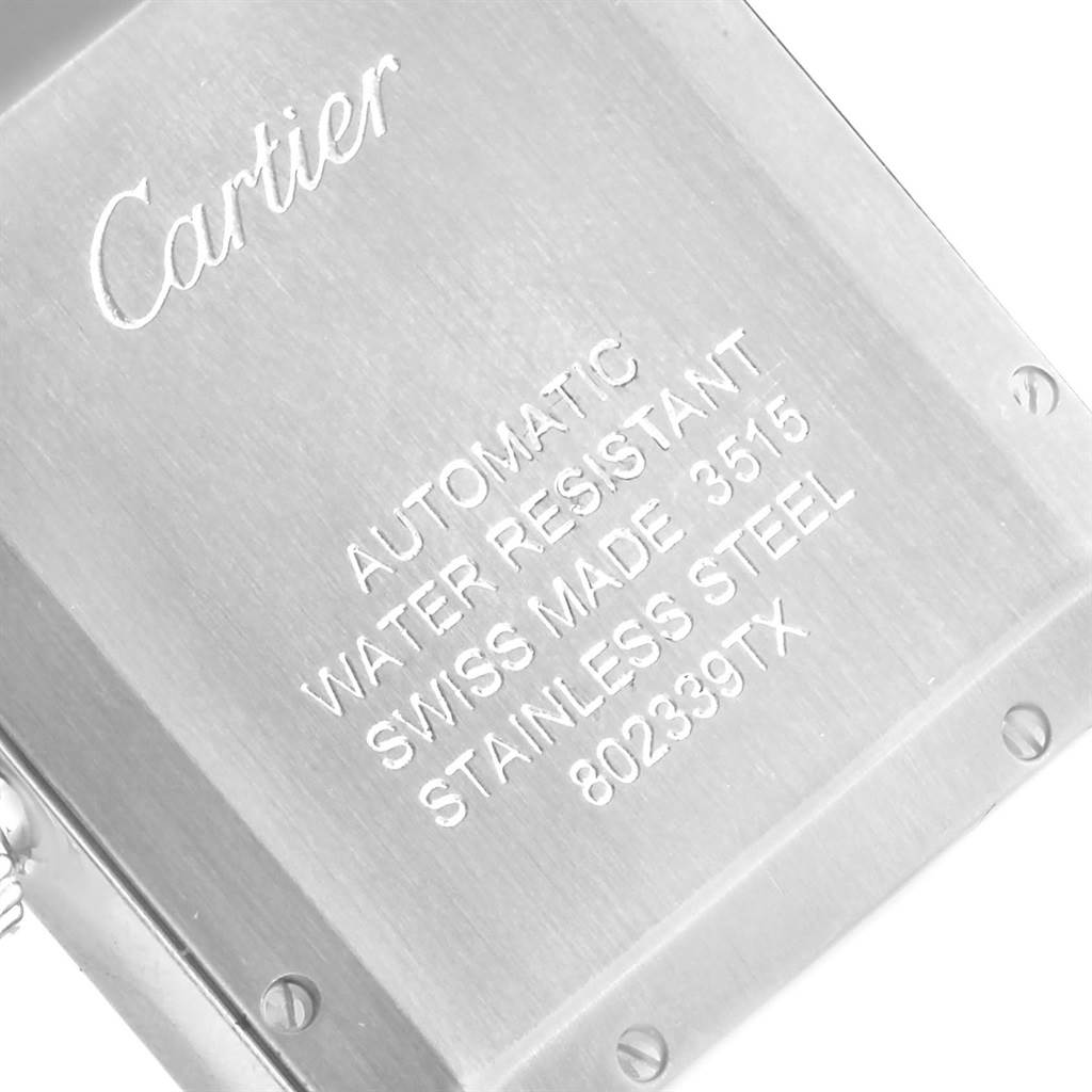 This image shows the back case of a Cartier Tank Solo W5200028 Men
s Stainless Steel Silver Dial W5200028 Men
s Stainless Steel Silver Dial watch, highlighting its details and engravings.