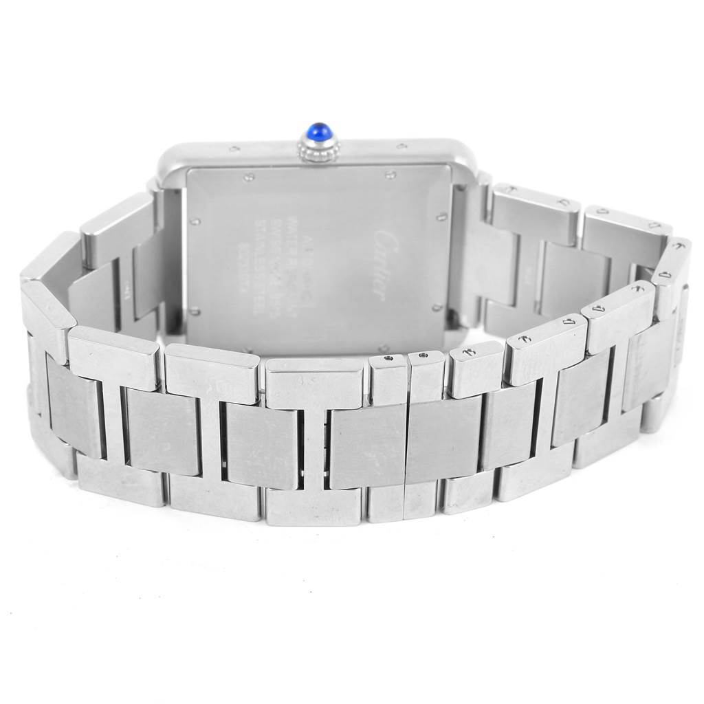 This image shows the back view of the Cartier Tank Solo W5200028 Men
s Stainless Steel Silver Dial W5200028 Men
s Stainless Steel Silver Dial watch highlighting its case back and metallic bracelet.