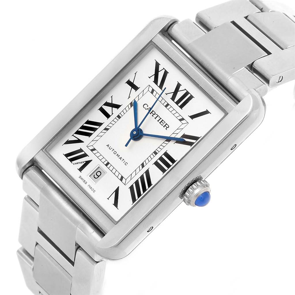 This image shows a Cartier Tank Solo W5200028 Men
s Stainless Steel Silver Dial W5200028 Men
s Stainless Steel Silver Dial watch at a slight angle, highlighting the face, Roman numerals, blue hands, and metallic bracelet.