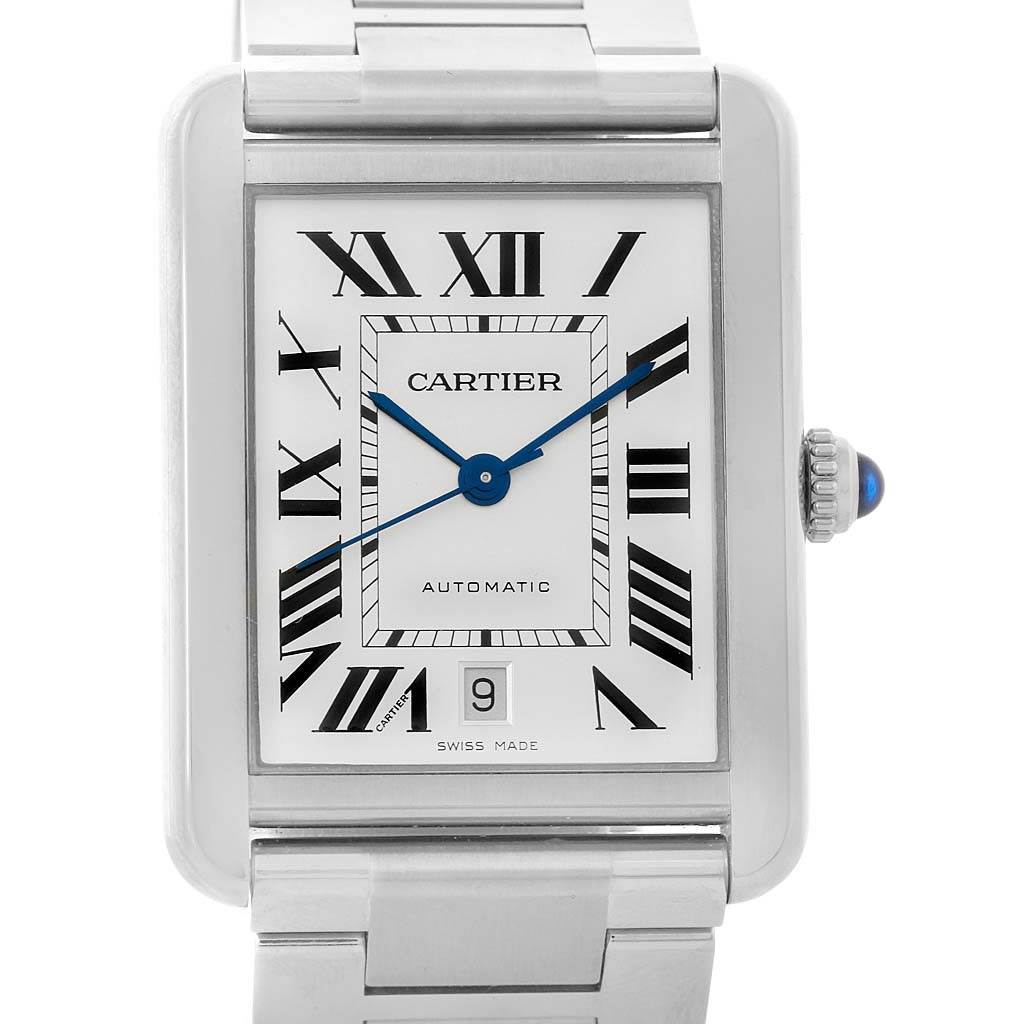 The image shows a front view of a Cartier Tank Solo W5200028 Men
s Stainless Steel Silver Dial W5200028 Men
s Stainless Steel Silver Dial watch, highlighting its face, dial, and part of the metallic bracelet.
