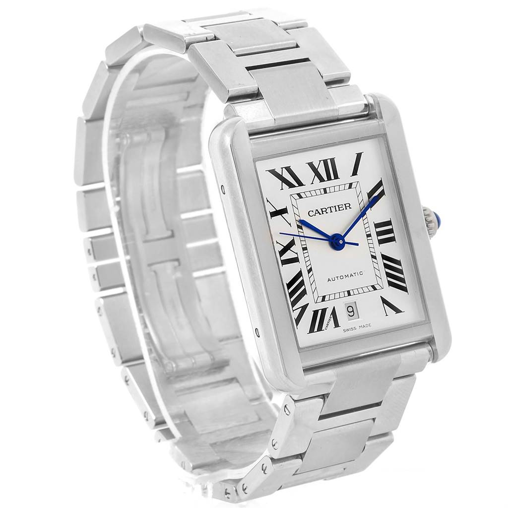 The image shows the Cartier Tank Solo W5200028 Men
s Stainless Steel Silver Dial W5200028 Men
s Stainless Steel Silver Dial watch at a slight angle, prominently displaying the face, Roman numerals, and branclet.