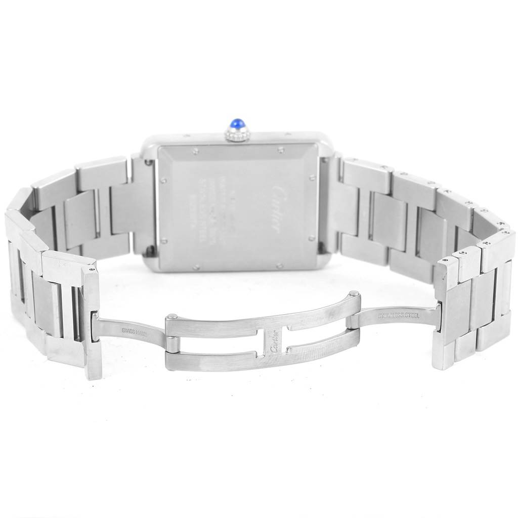 The image shows the back view of a Cartier Tank Solo W5200028 Men
s Stainless Steel Silver Dial W5200028 Men
s Stainless Steel Silver Dial watch with the clasp and bracelet fully visible.
