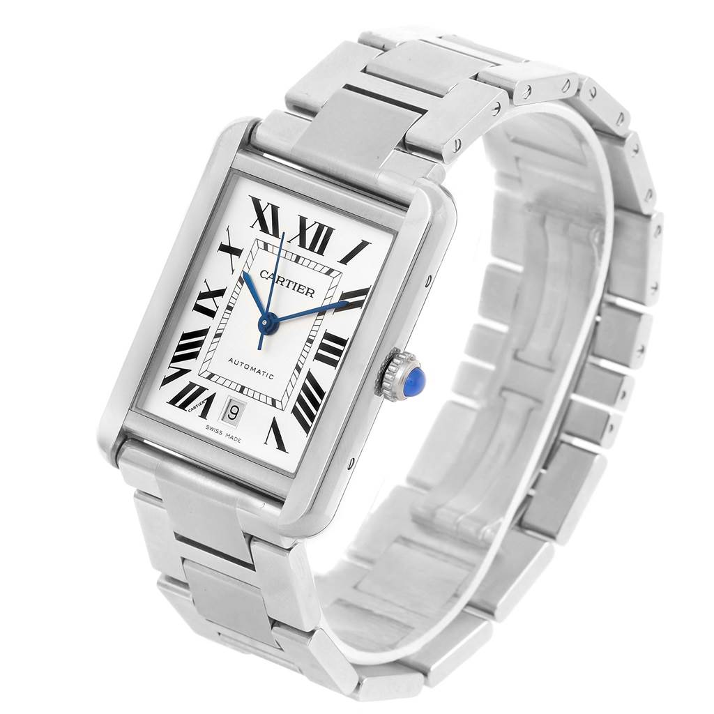 This image shows a Cartier Tank Solo W5200028 Men
s Stainless Steel Silver Dial W5200028 Men
s Stainless Steel Silver Dial watch angled slightly from above, highlighting its face, bracelet, and side crown.