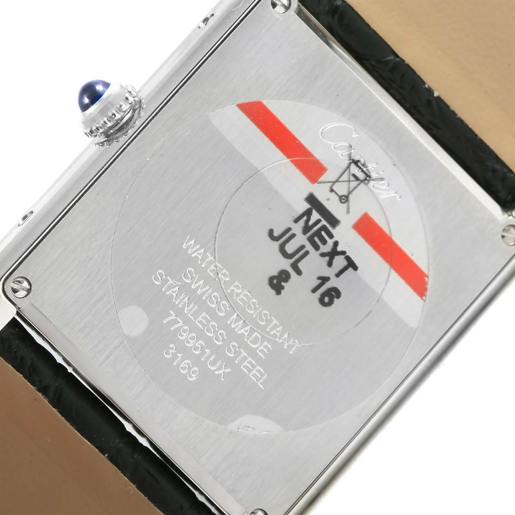 The image shows the back of a Cartier Tank Solo W1018355 Stainless Steel Silver Dial W1018355 Stainless Steel Silver Dial watch, highlighting its stainless steel case, water resistance marking, and leather strap.