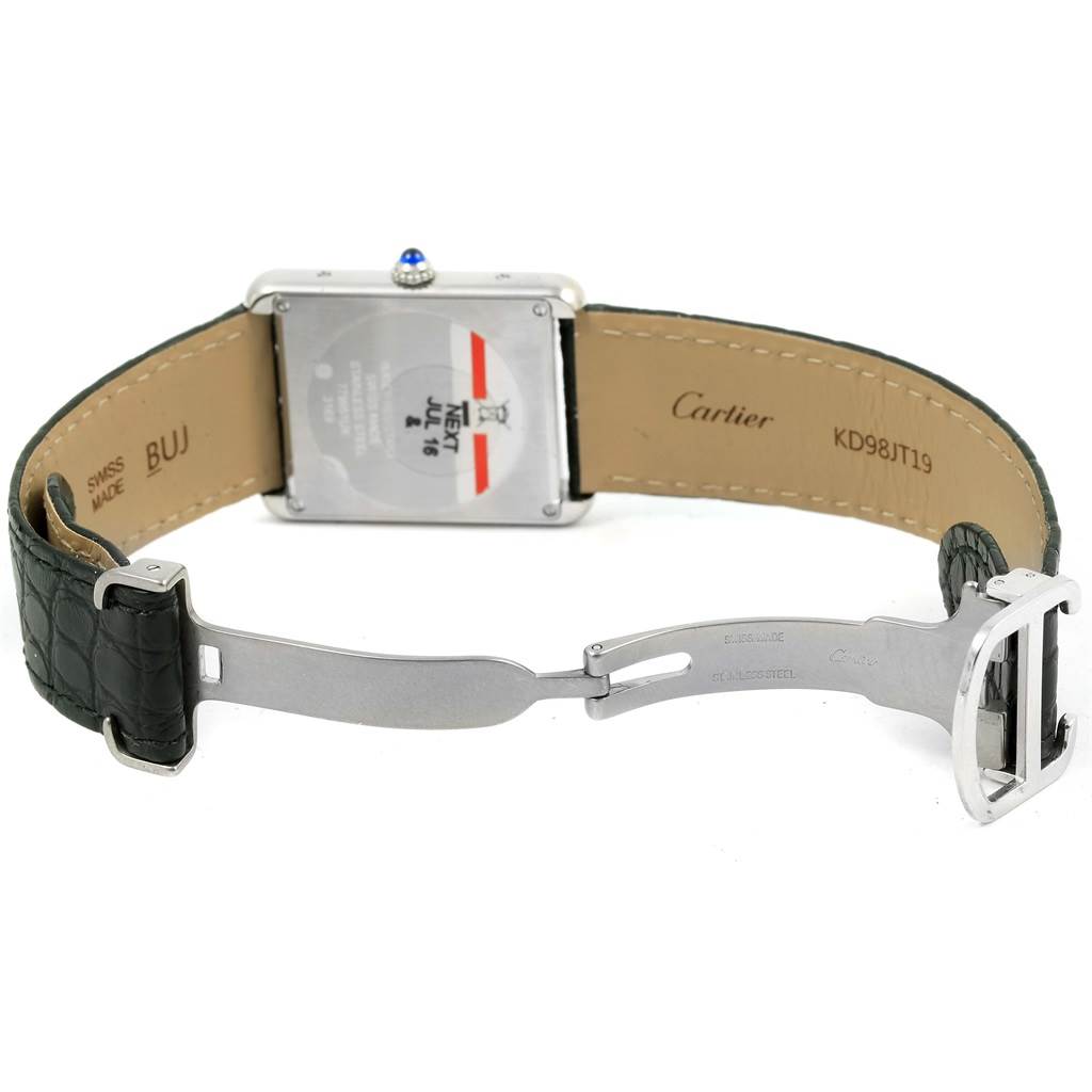 This image shows the back view of the Tank Solo watch by Cartier, displaying the strap and deployment clasp.