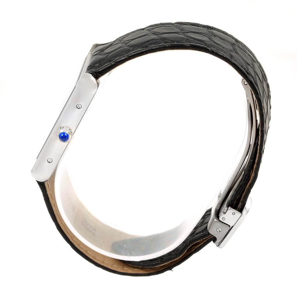 The image shows a side view of the Cartier Tank Solo W1018355 Stainless Steel Silver Dial W1018355 Stainless Steel Silver Dial watch focusing on the crown and black leather strap.