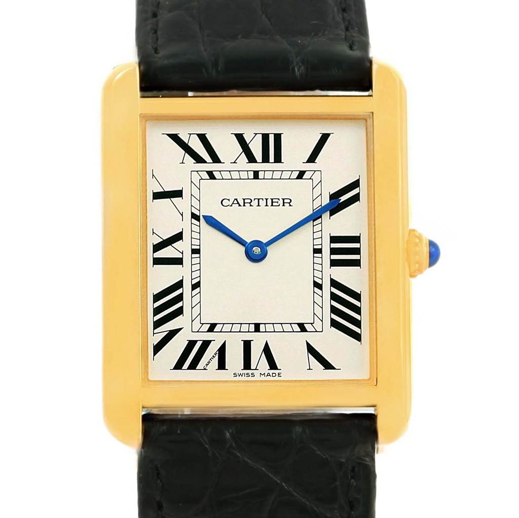 This image shows a front view of the Cartier Tank Solo W1018855 Steel and Gold (two tone) Silver Dial W1018855 Steel and Gold (two tone) Silver Dial watch, highlighting its rectangular gold case, Roman numeral dial, and black leather strap.