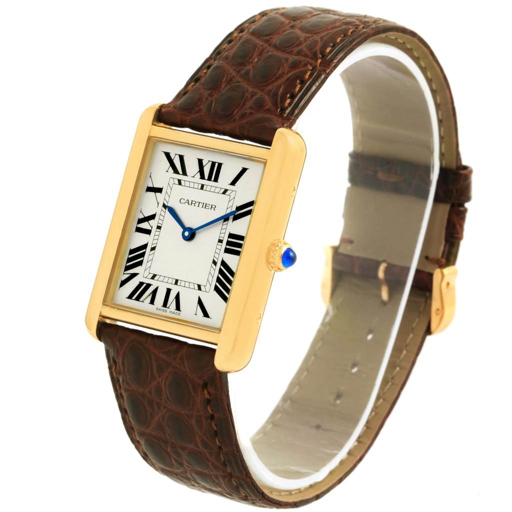 The image shows a Cartier Tank Solo W1018855 Steel and Gold (two tone) Silver Dial W1018855 Steel and Gold (two tone) Silver Dial watch angled slightly to display its face, bezel, and brown leather strap.